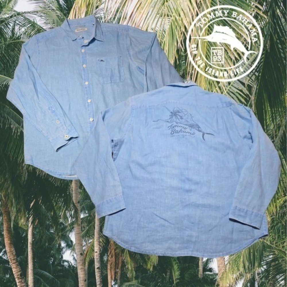 Tommy Bahama Button Up Shirt Mens Linen Marlin Back Graphic Light Blue Large